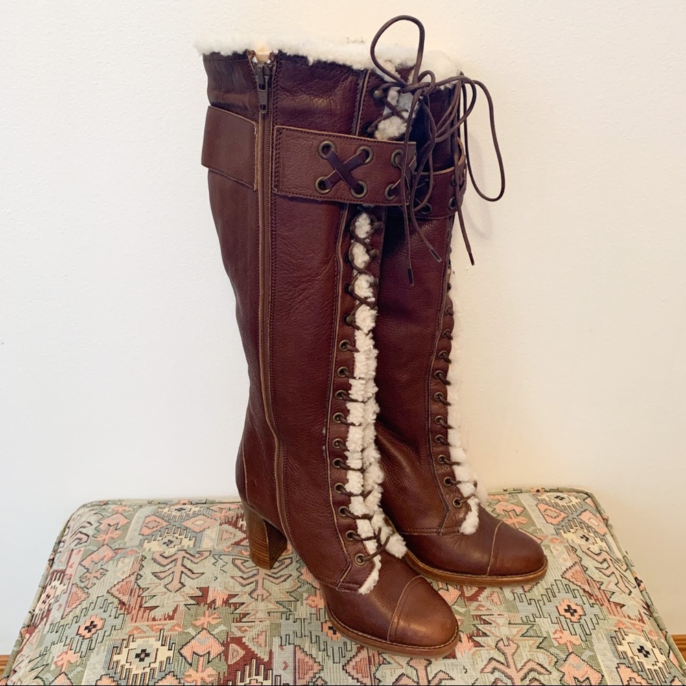 Coach Leather Boots Knee-High Reece Sherpa Lace Up Victorian Steampunk EUC VTG